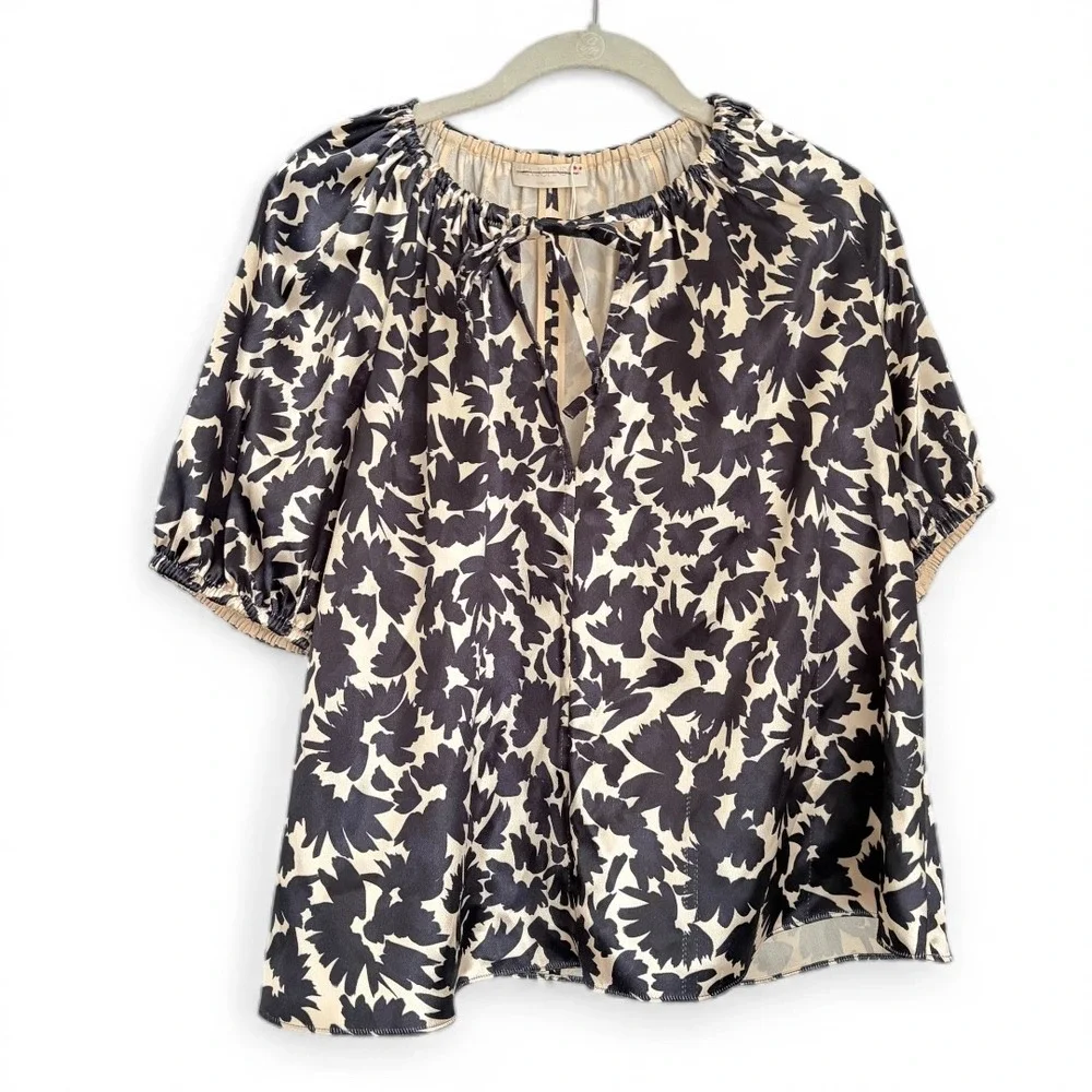 Ulla Johnson Neema Satin Blouse Top Black‎ Cream Floral Satin Puff Sleeve XS